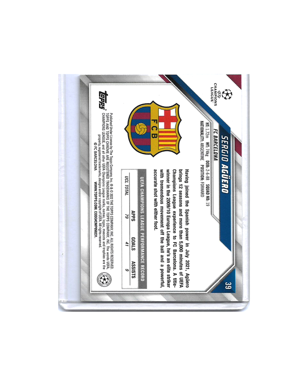 SERGIO AGUERO Topps Chrome UEFA Champions League 2021-22