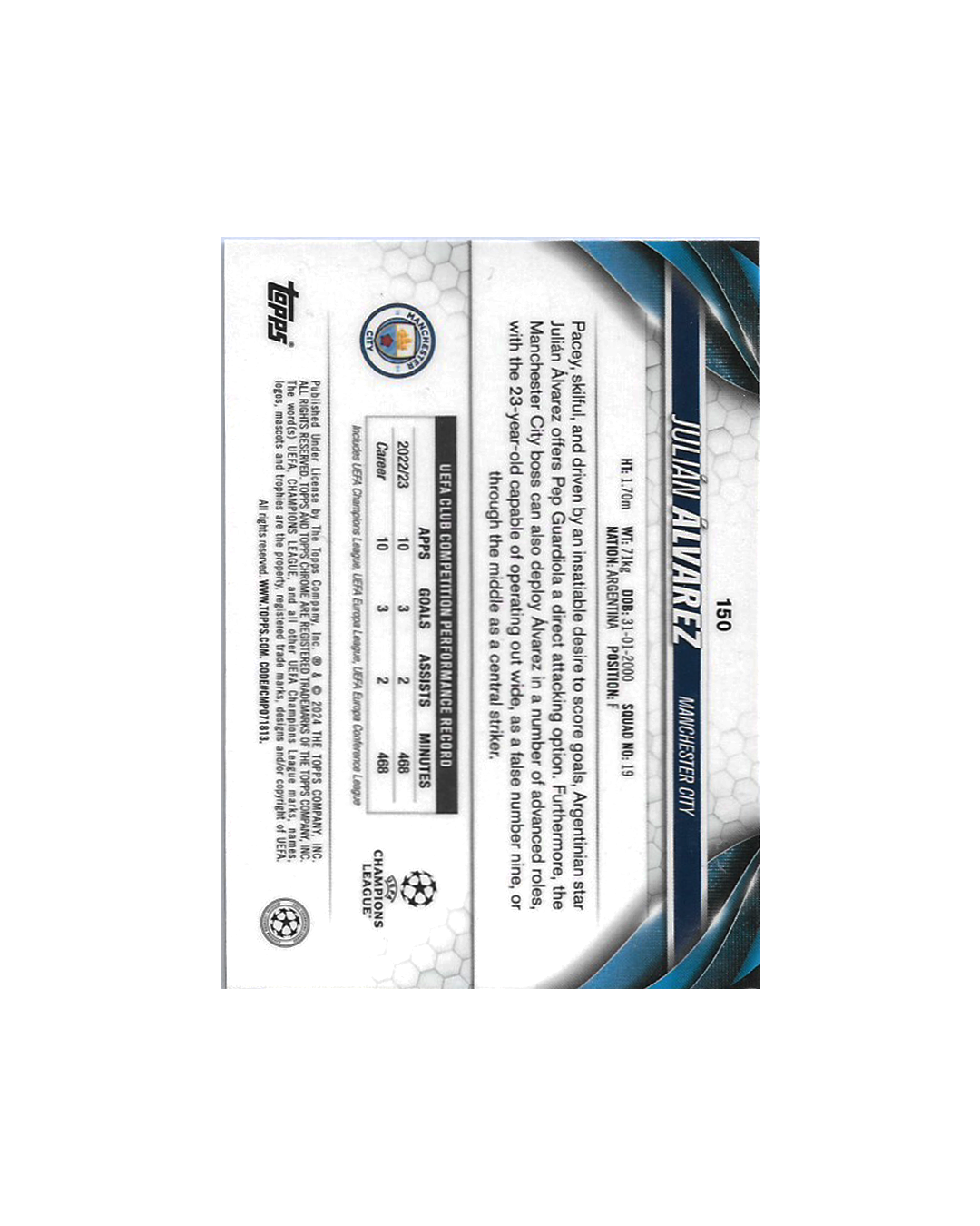 JULIAN ALVAREZ Topps Chrome UEFA Club Competitions 2023-24