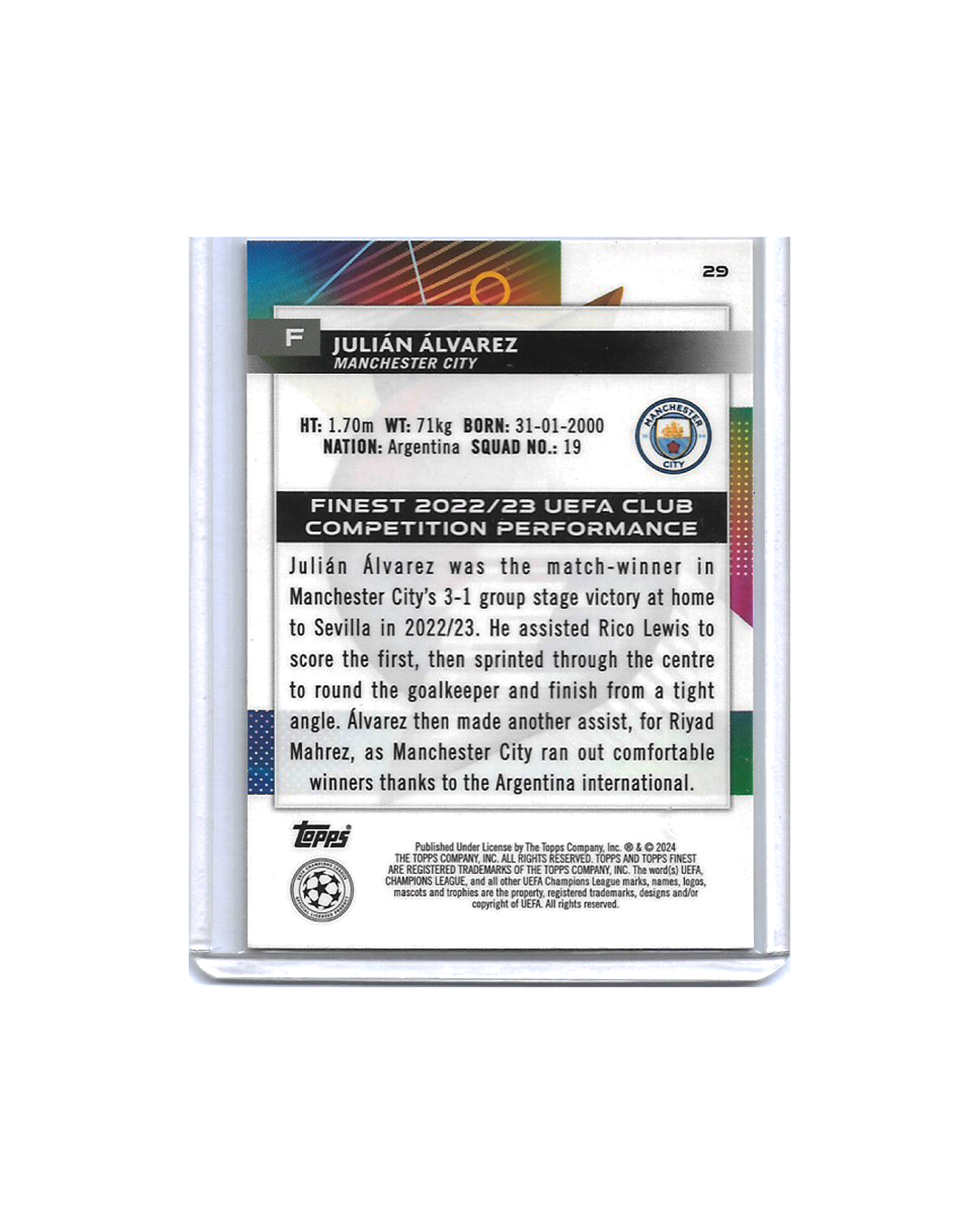JULIAN ALVAREZ Topps Finest UEFA Club Competitions