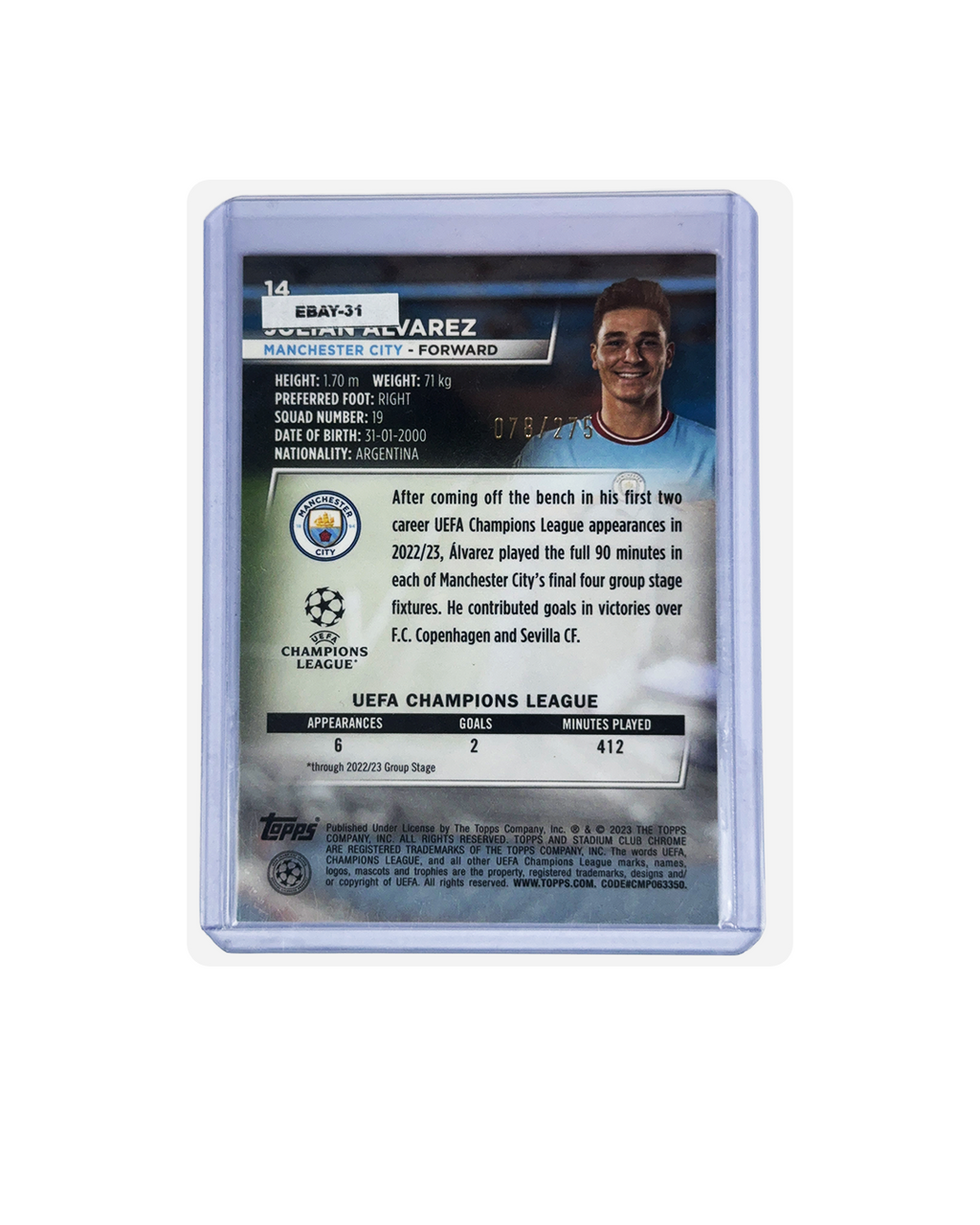 JULIAN ALVAREZ Topps Stadium Chrome Aqua Wave 22-23 num 78/275