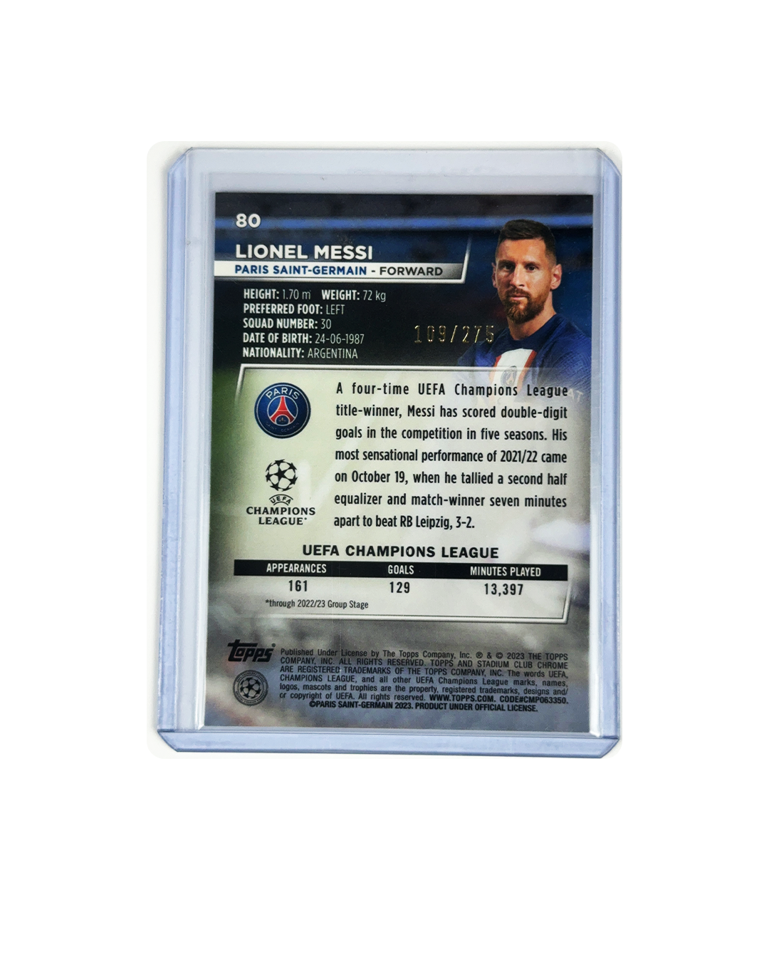 LIONEL MESSI Topps Stadium Chrome UEFA CC num 109/275