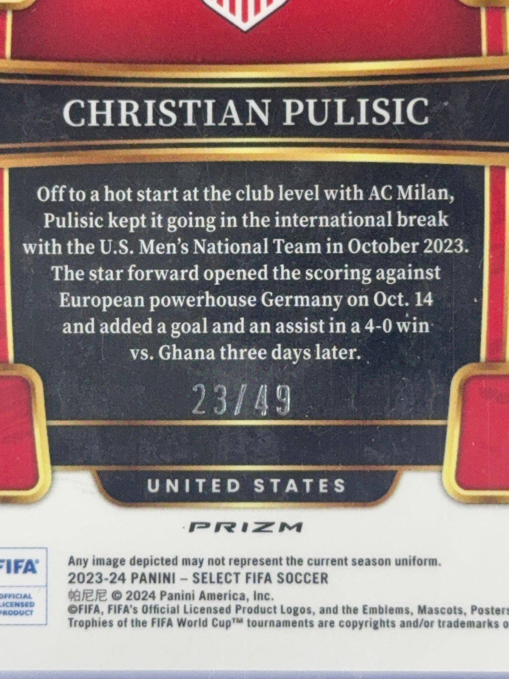 CHRISTIAN PULISIC Panini Select Fifa 23-24 num 23/49
