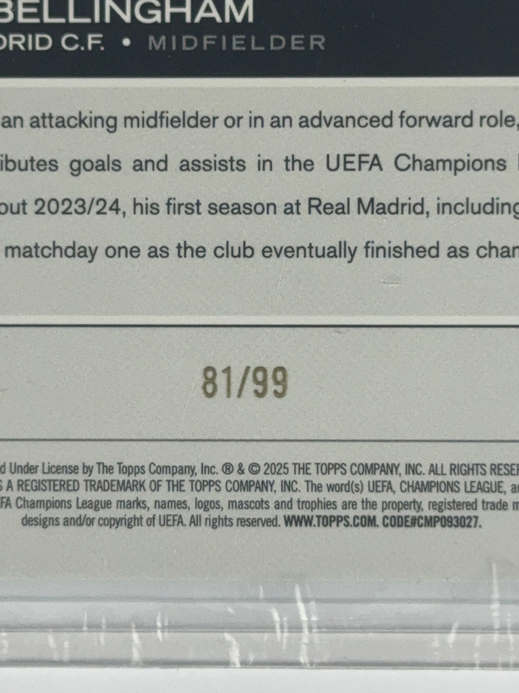 JUDE BELLINGHAM Topps Chrome 24-25 num 81/99