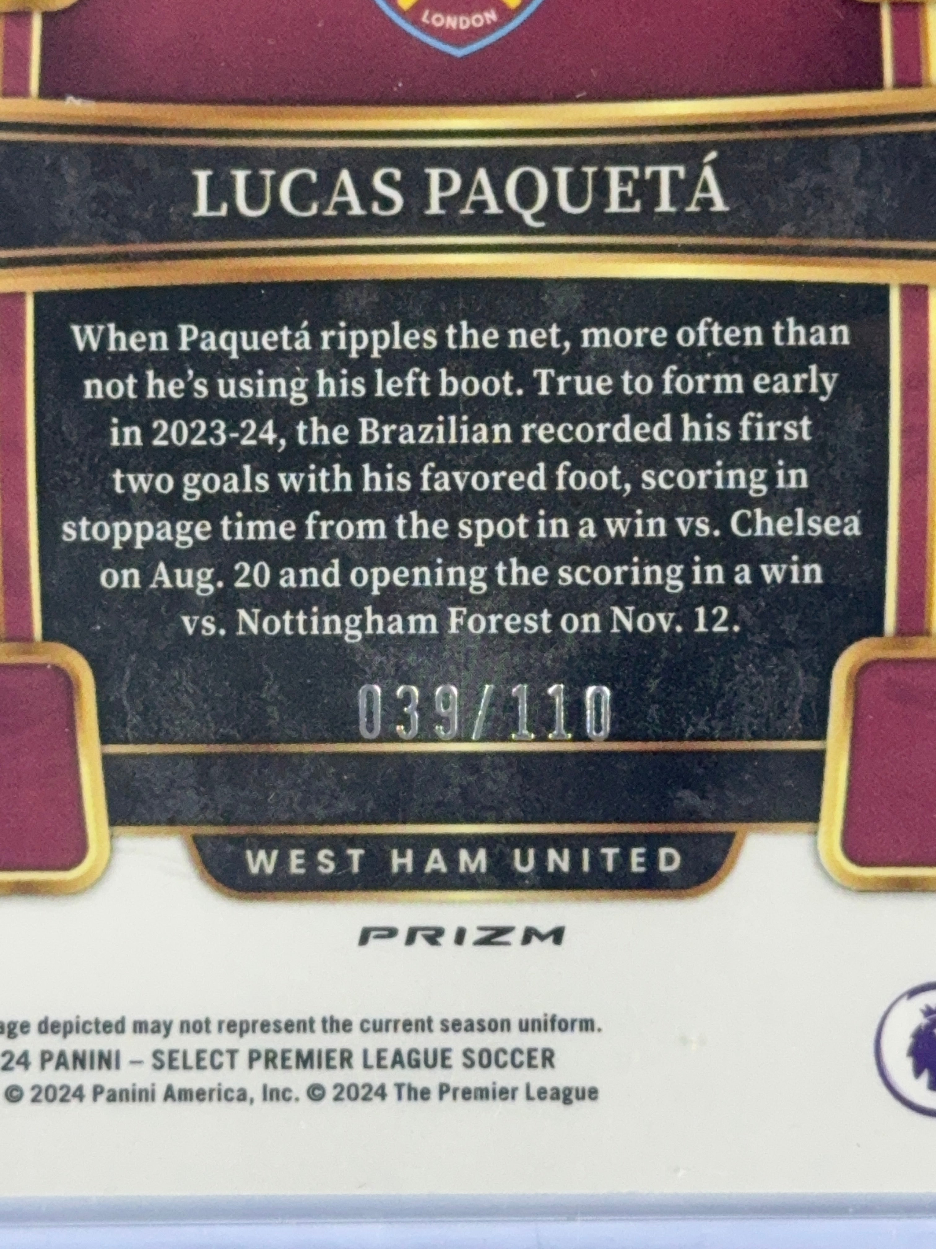 LUCAS PAQUETA Panini Slect 23-24 Premier League CAMO num 39/110