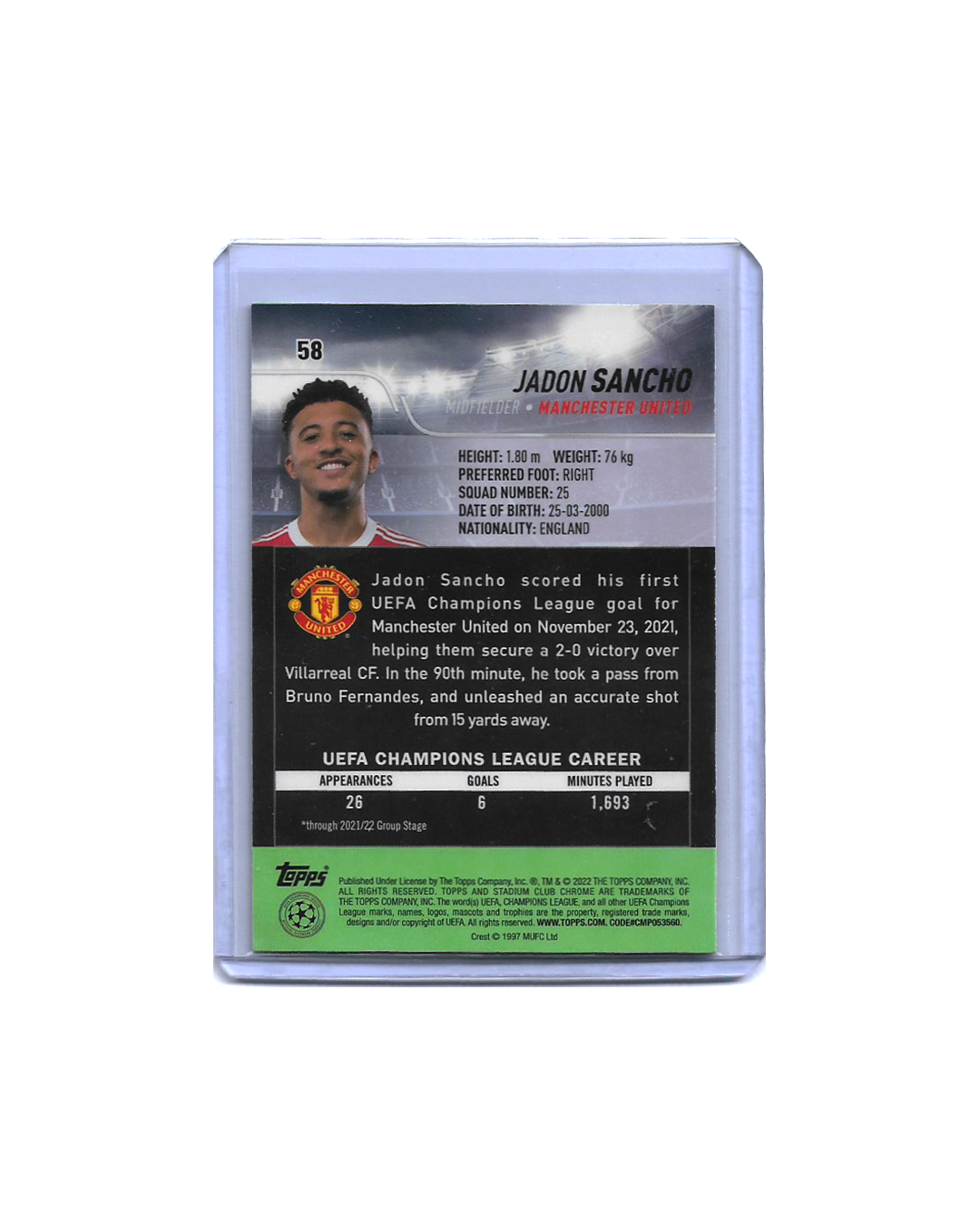 JADON SANCHO Topps UEFA Champions League Stadium Club Chrome 2022-23