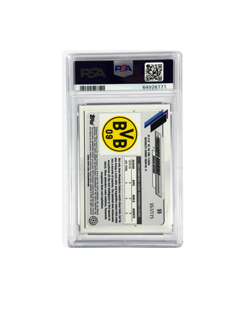 YOUSSOUFA MOUKOKO Topps Chrome UCL 22 PSA 9 PINK REFRACTOR num 67/175