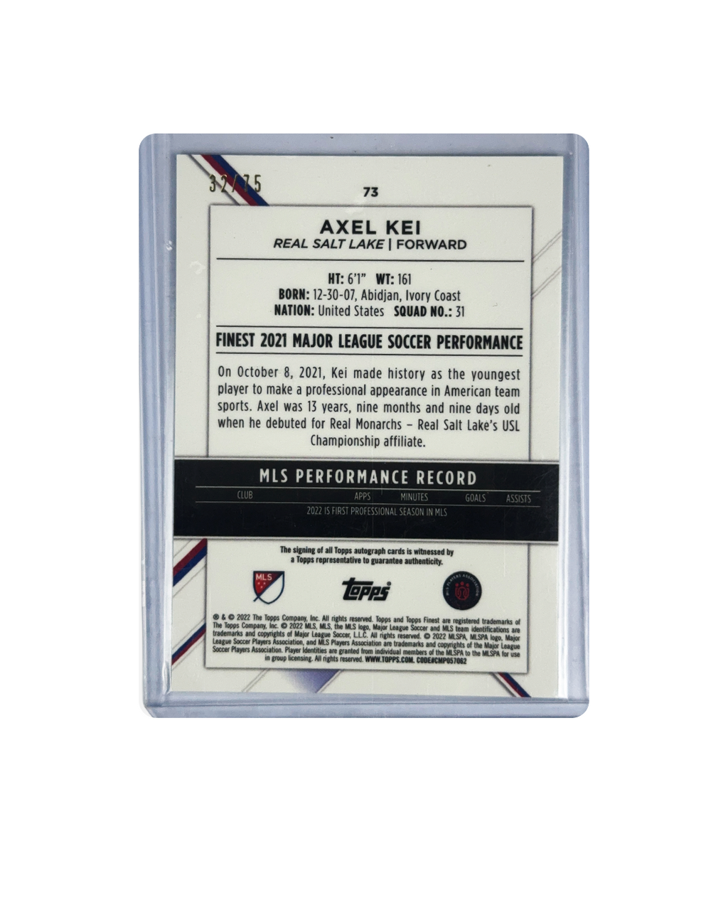 AXEL KEI Topps Finest MLS Performance 21 RC