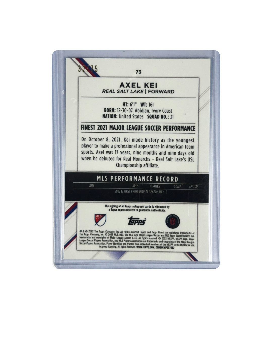 AXEL KEI Topps Finest MLS Performance 21 RC